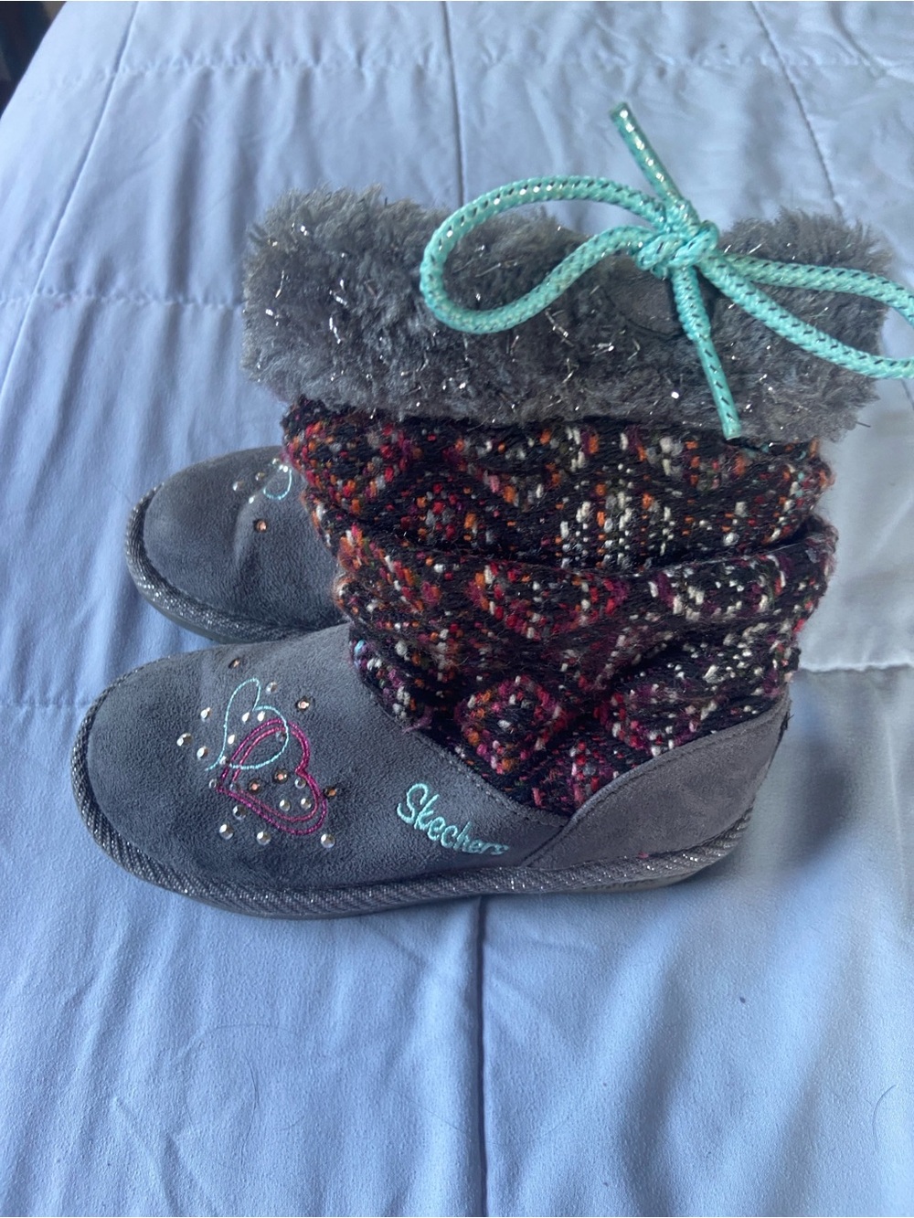 Sketcher Twinkle Toes Light Up Kids Winter Boots~Grey Knit w/Faux Fur Trim